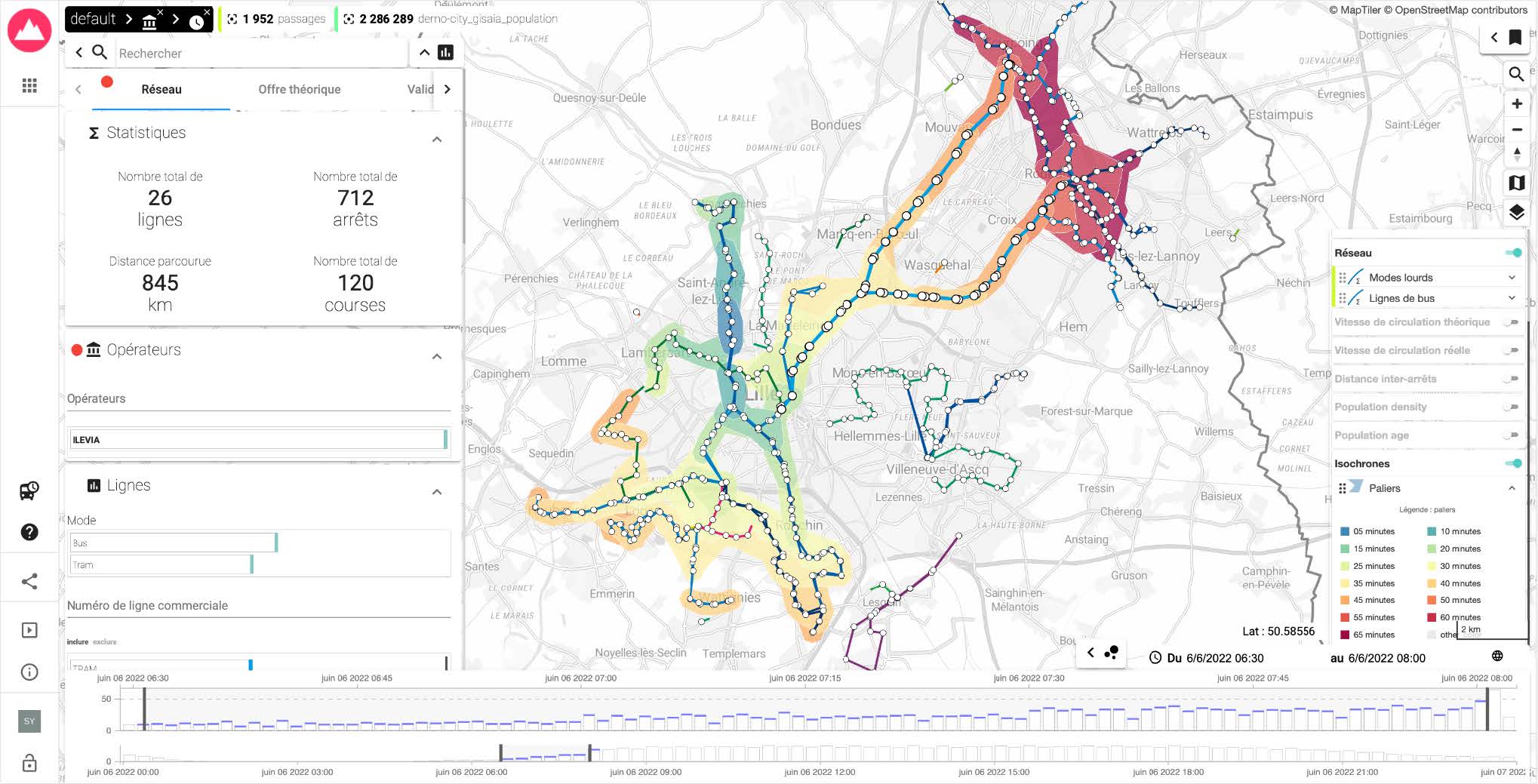arlas.city - Visualisation sur la carte des isochrones au départ de la gare de Lille entre 6h30 et 8h du matin.