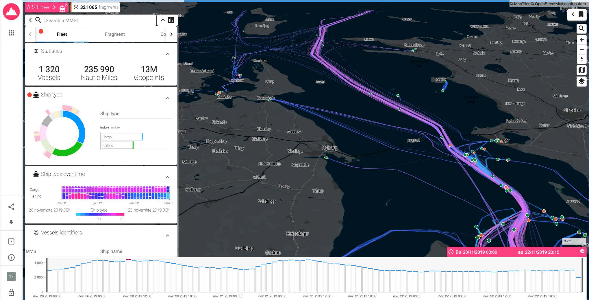 ARLAS - Visualisation de milliers de déplacements de navires en Mer du Nord.